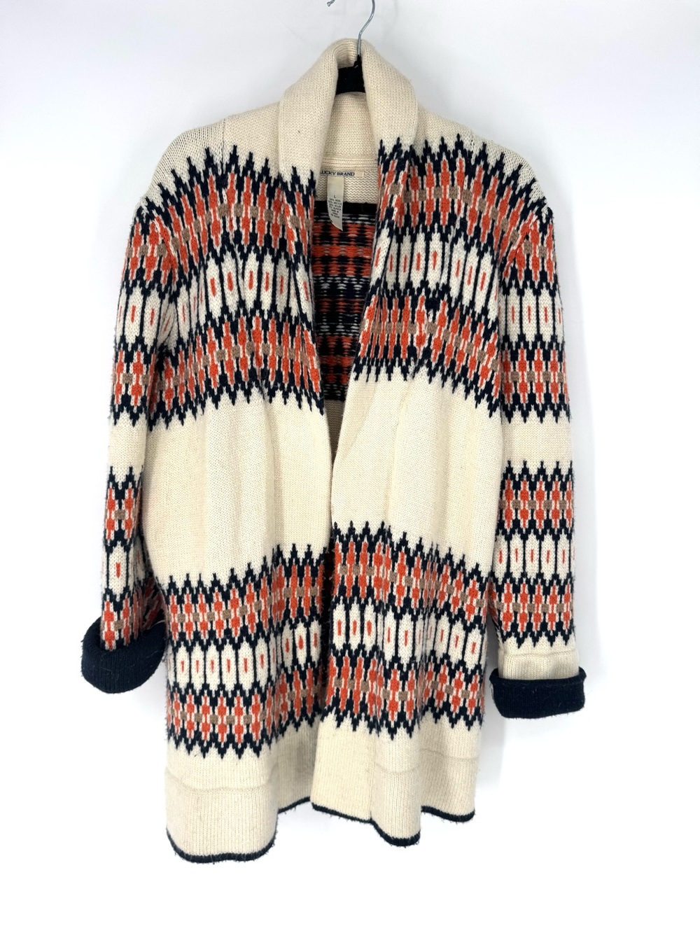 Lucky Brand wool alpaca blend Cream Open Shawl Cardigan with Orange & Black